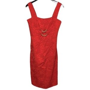 Ellen Tracy Floral Jacquard Poppy Color Chain Accents Sleeveless Midi Dress Sz 2